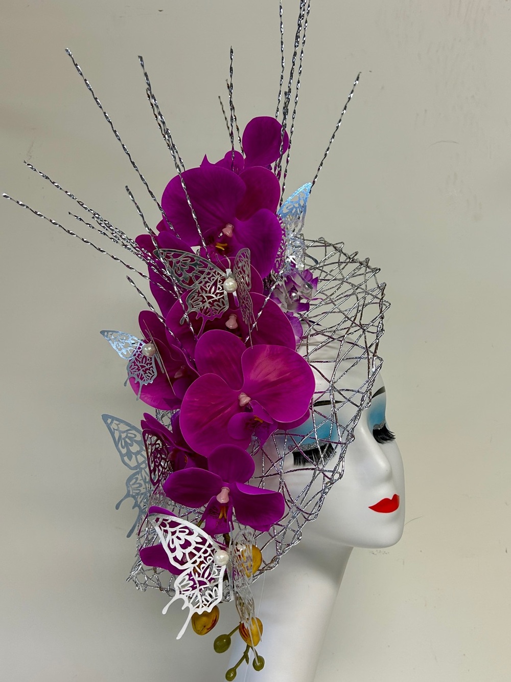 Kentucky Derby Oaks Elegant Fuchsia Orchid Fascinator with Silver Accents